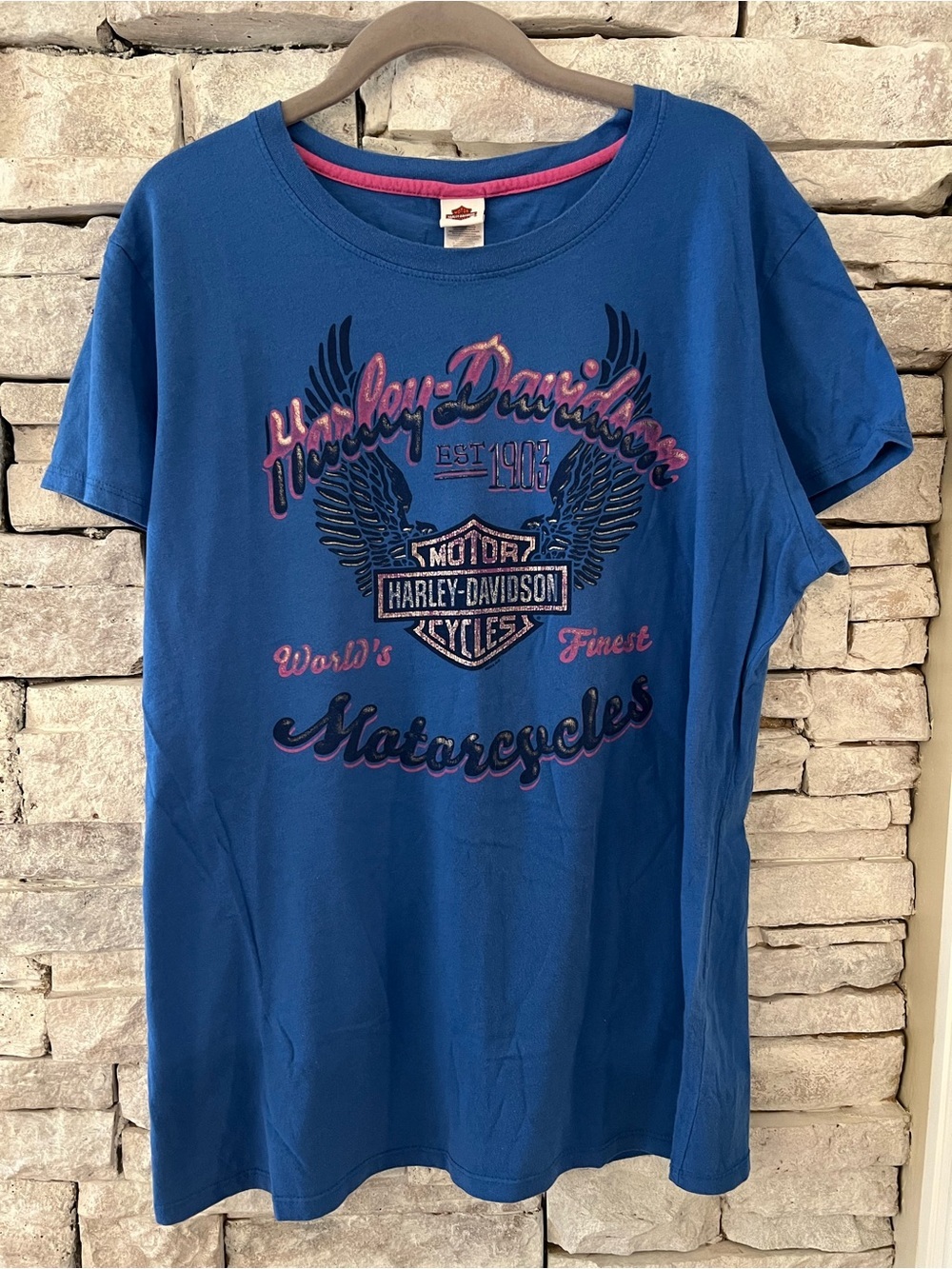 Harley-Davidson Biker Graphic Blue Tee with Pink and Black Logo